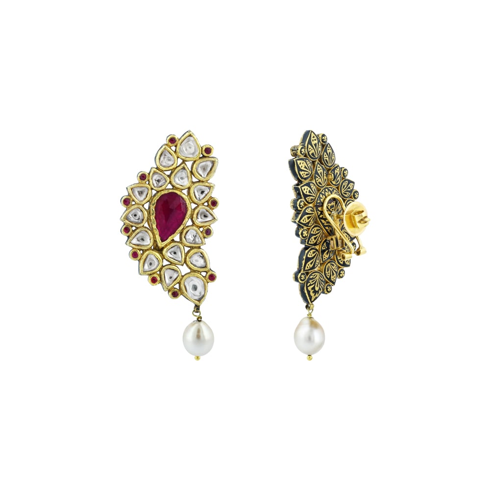 Polki Earrings with Ruby Colour Stone and South Sea Pearl Drop